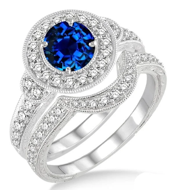 luxury gemstone engagement rings -1.5 Carat Sapphire Antique Halo Bridal Set Engagement Ring on 10k White Gold