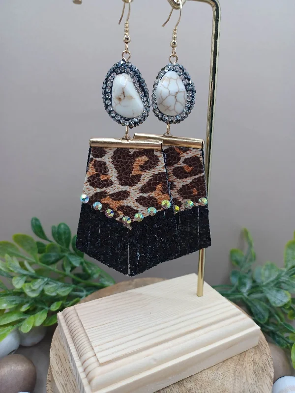 unique earrings for women -Black Leopard Earrings w/ Mermaid Rhinestones & Turquoise Crackle Stone