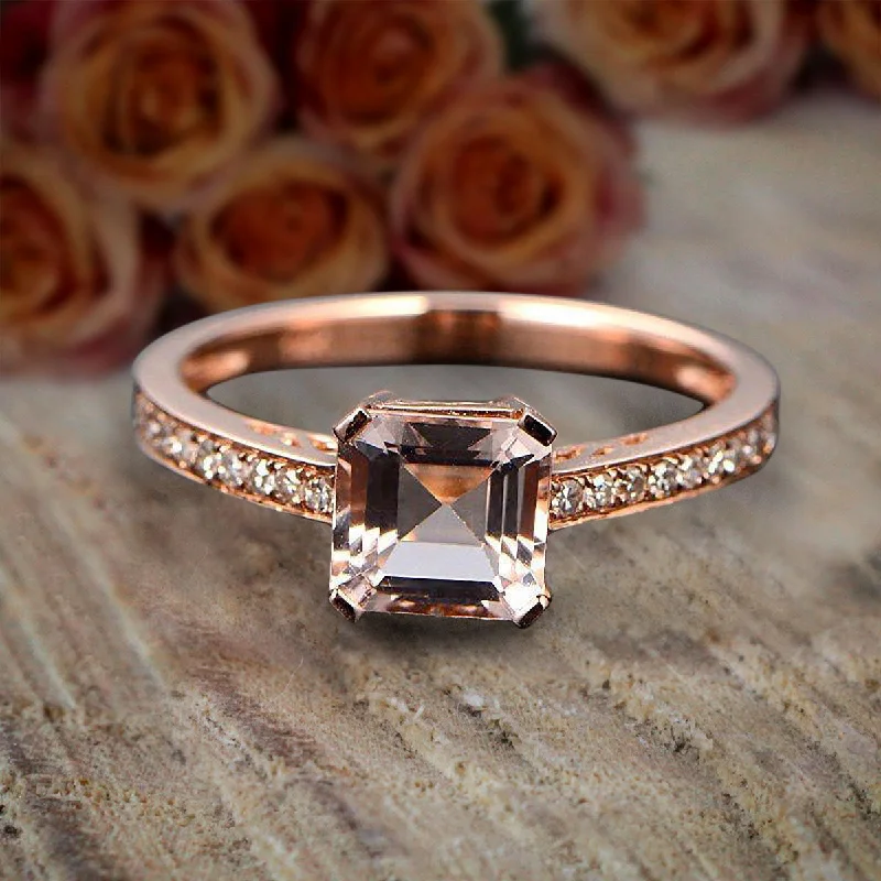 vintage diamond engagement rings -Antique Design 1.25 Carat Princess Cut Morganite And Diamond Moissanite Engagement Ring in 10k Rose Gold Sale