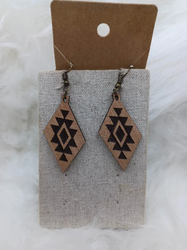 simple earrings for women -Wooden Aztec Patterned Diamond Shaped Earrings