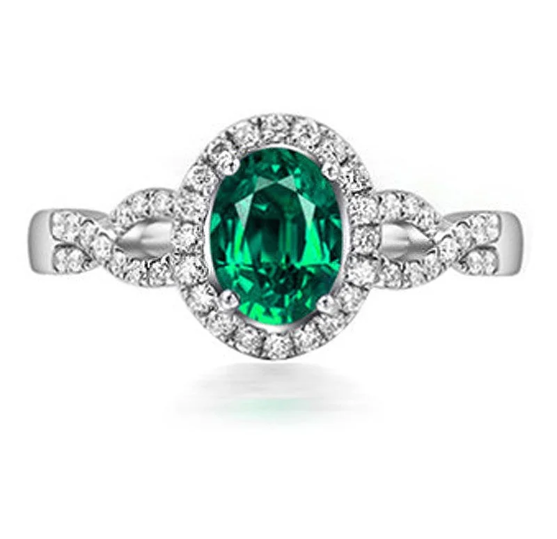 custom gold engagement rings -1 Carat Green Emerald and Moissanite Diamond Halo Engagement Ring in White Gold