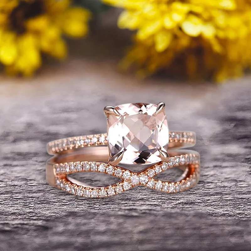 two-tone engagement rings -2 Pcs 10k Rose Gold 1.75 Carat Cushion Cut Morganite Engagement Ring Set Solid 10k rose gold Bridal set Custom Made Flaming Jewelry Twisted Across Matching Band