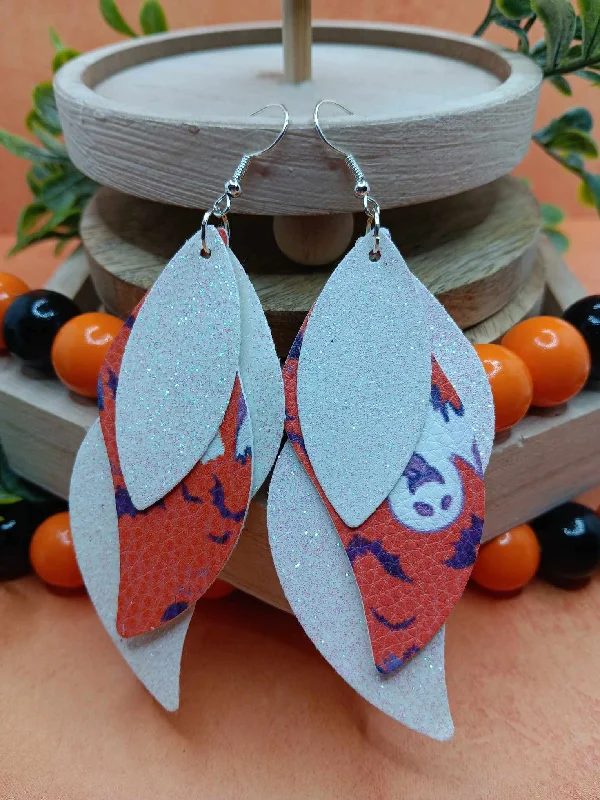 vintage-inspired earrings for women -Triple Layered White Glitter w/ Ghost Design Leather Style Earrings