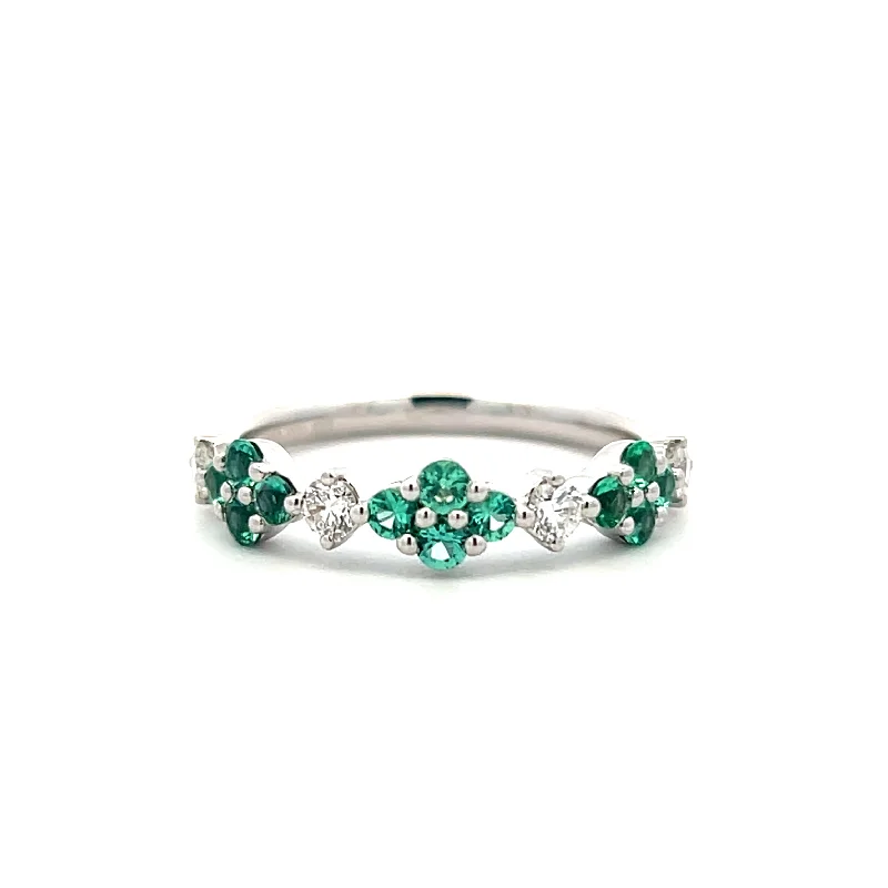 gemstone rings for women -14K White Gold 0.64ctw Emerald & Diamond Floral Ring