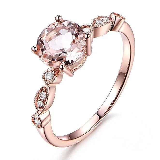 stunning engagement rings for women -Art Deco Antique Design 1.25 Carat Round Cut Peach Pink Morganite And Diamond Moissanite Engagement Ring in 10k Rose Gold