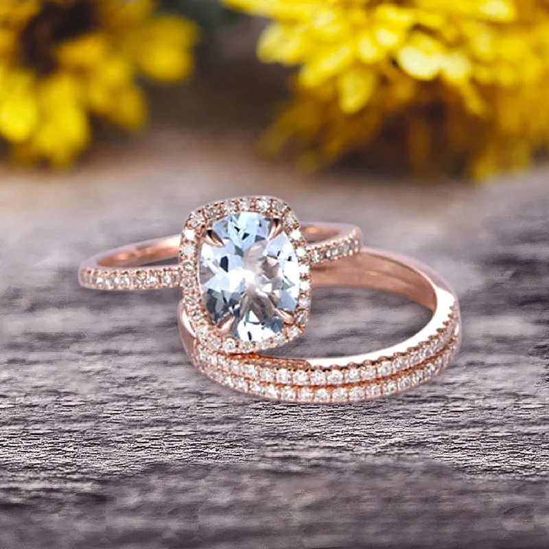 timeless engagement rings for women -2 Carat Oval Cut Aquamarine And Moissanite Diamond Engagement Ring 10k Rose Gold With Matching Band