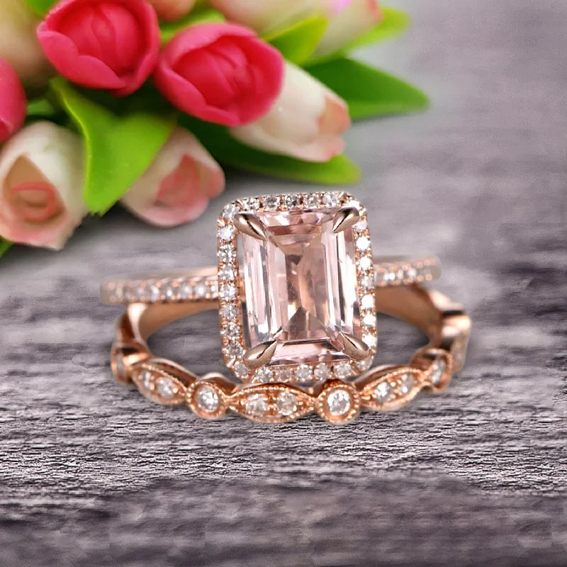 engagement rings with colored diamonds -Milgrain Art Deco 1.75 Carat Emerald Cut Morganite Wedding Set Engagement Ring Anniversary 10k Rose Gold Claw Prongs Eternity Matching Band