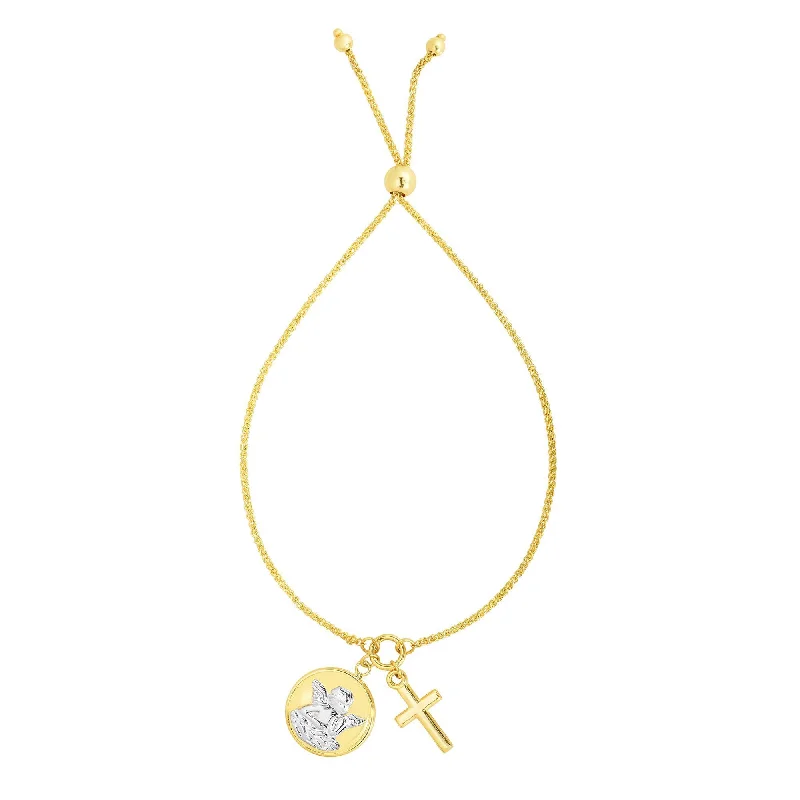 chunky bangles for women -14kt Gold 9.25 inches Yellow+White Finish Chain:1mm+Pendant:20x14mm Shiny Cross Adjustable Friendship Bracelet with Draw String Clasp