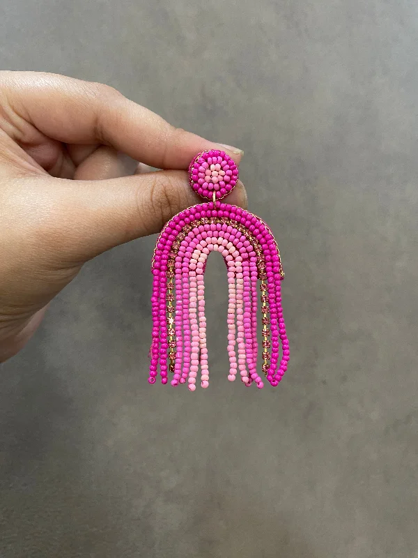 chunky earrings for women -PINK RAINBOW FRINGE TASSEL EARRINGS