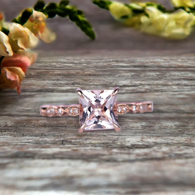 elegant engagement rings -1.25 Carat 6mm Princess Cut Pink Morganite Engagement Ring Moissanite Diamond in 10k Rose Gold Art Deco