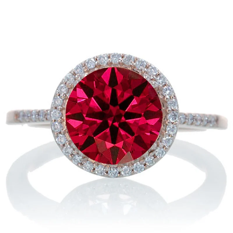 affordable engagement rings -2.5 Carat Huge Ruby and Moissanite Diamond Halo Classic Engagement Ring on 10k Rose Gold