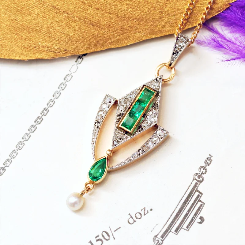 adjustable necklaces for women -Quintessentially Art Deco Emerald & Diamond Drop Pendant