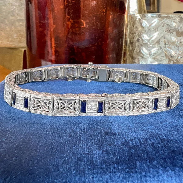 engraved bangles for women -Art Deco Filigree Diamond & Sapphire Bracelet