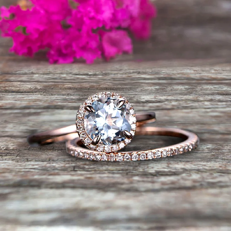 simple diamond engagement rings -Round Cut 1.50 Carat  Aquamarine Engagement Ring Bridal Set 10k Rose Gold Art Deco Matching Wedding Band Anniversary Gift