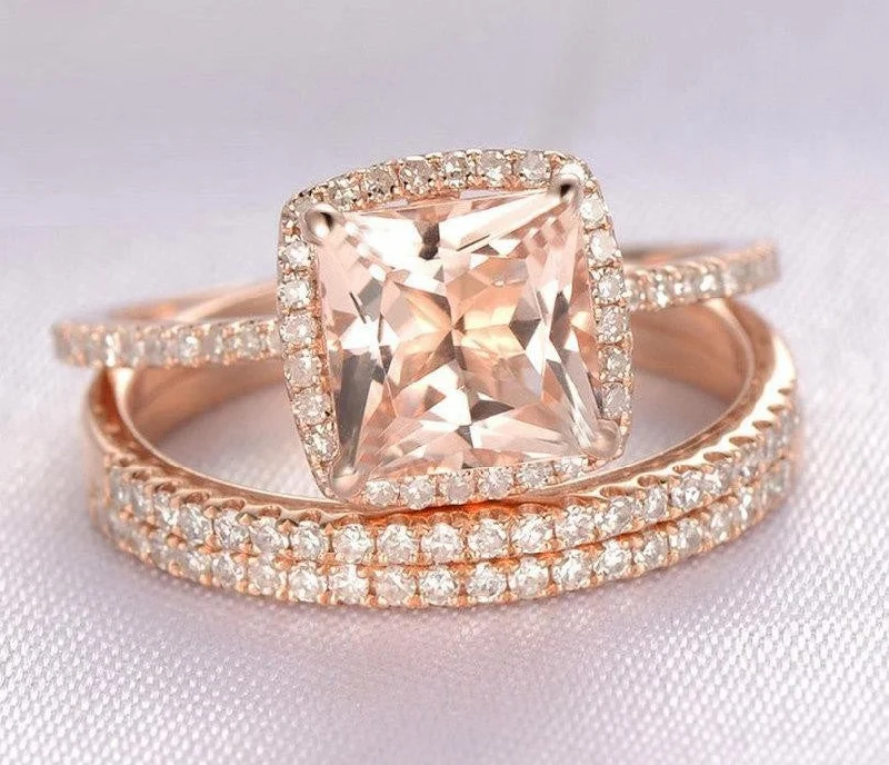 two-tone engagement rings -Sale 2 Carat Princess Cut Morganite And Diamond Moissanite Trio Wedding Bridal Ring Set in 10k Rose Gold With One Engagement Ring And 2 Wedding Bands