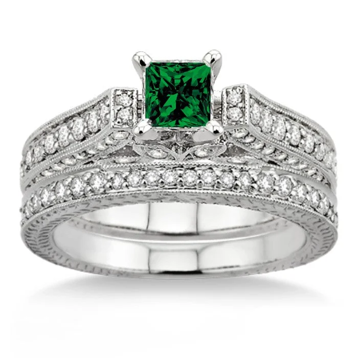 engagement rings with side stones -2 Carat Emerald 2.10 Carat Emerald Antique Bridal Set Engagement Ring on 10k White Gold