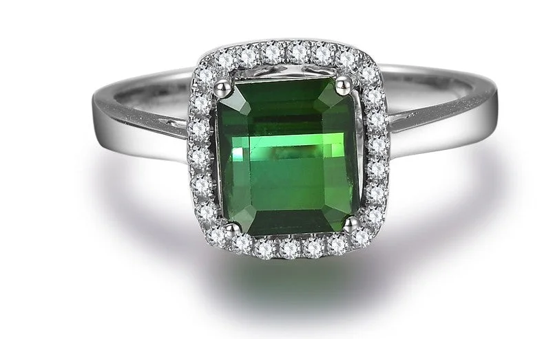 anniversary engagement rings -Perfect 1 Carat princess cut Emerald and Moissanite Diamond Halo Engagement Ring in White Gold