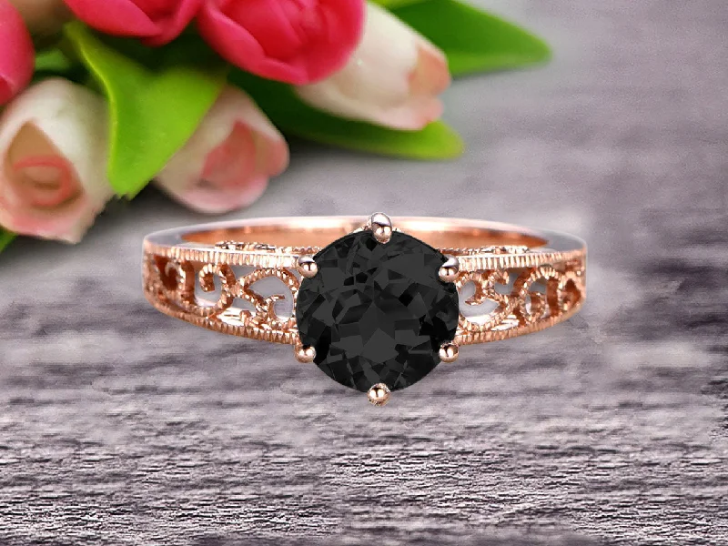 gold engagement rings for women -Round Cut 1.50 Carat Black Diamond Moissanite Engagement Ring Anniversary Gift 10k Rose Gold Art Deco