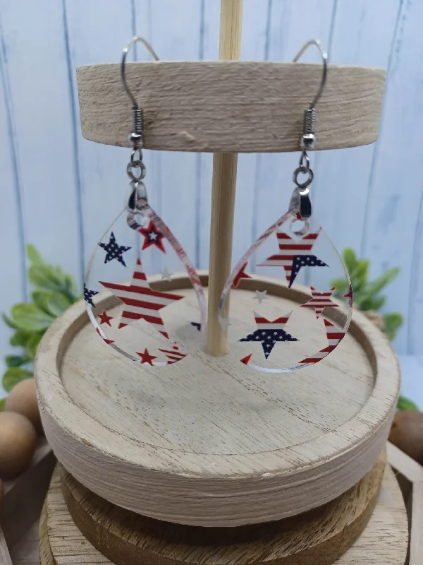 flower earrings for women -Red, White, & Blue Stars & Stripes Acrylic Teardrop Earrings