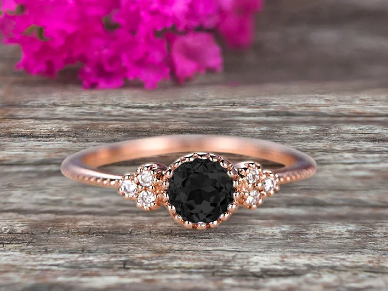 platinum diamond engagement rings -10k Rose Gold 1.50 Carat Round Cut Black Diamond Moissanite Engagement Ring Anniversary Gift Art Deco