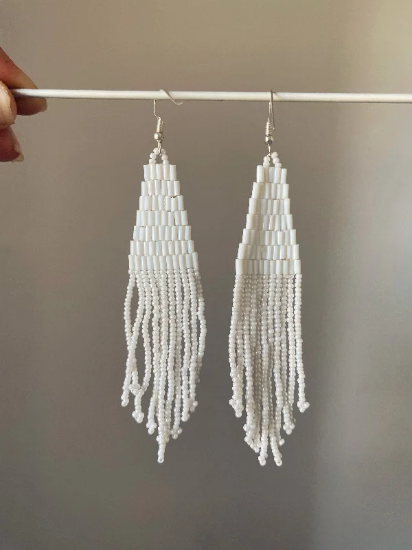 gemstone earrings for women -WHITE VELVET FRINGE TASSEL EARRINGS