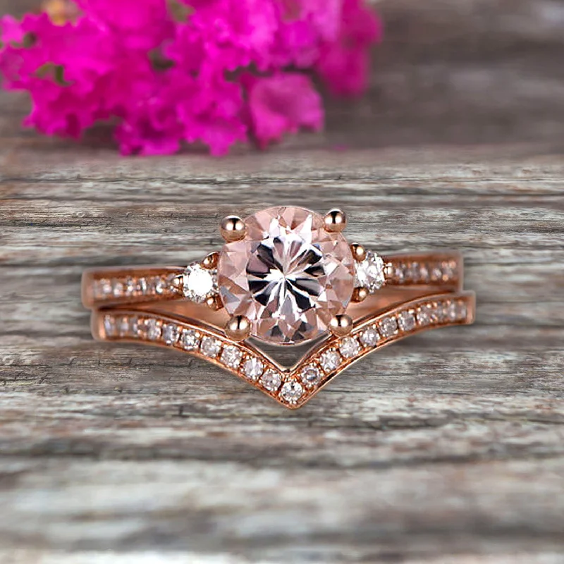 silver diamond engagement rings -1.50 Carat Morganite Engagement Ring 10k Rose Gold Wedding Set Anniversary Ring Promise Ring Surprisingly Gift for her Curved V-Shape Matching Wedding Band