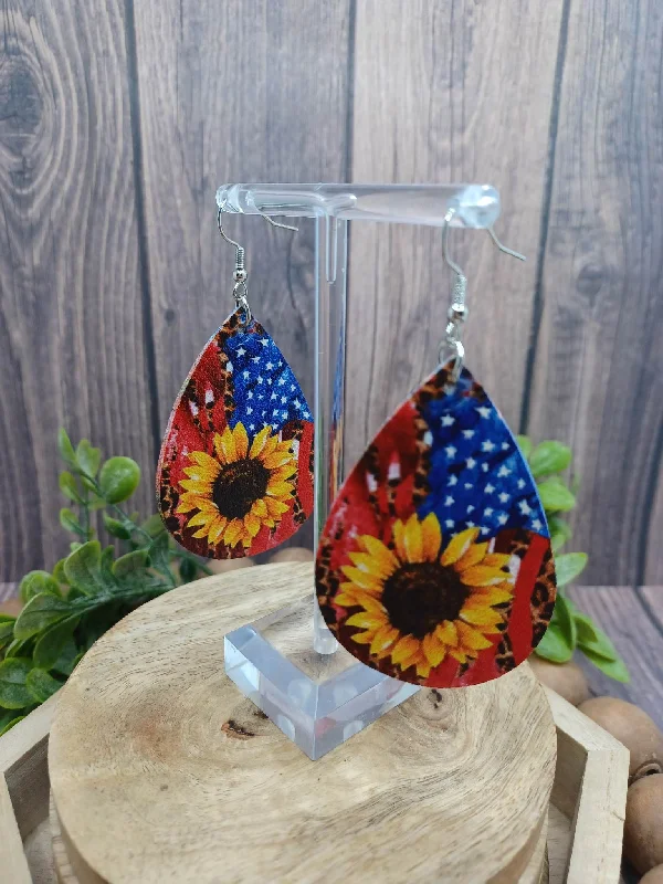 luxury gemstone earrings for women -American Flag w/ Sunflower Earring