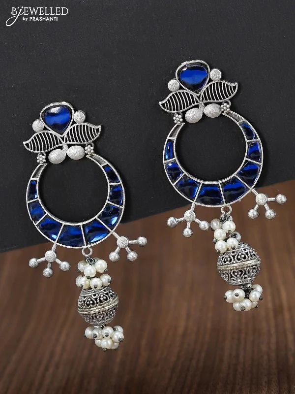 drop earrings for women -Oxidised chandbali earring with blue stone and pearl hangings