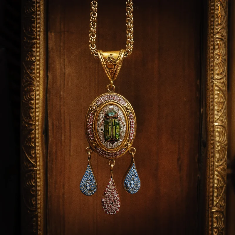 bridal necklaces for women -Rare Intricate Antique 15ct Gold Victorian Grand Tour Micro Mosaic Pendant