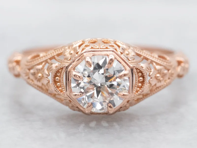 large diamond engagement rings -Rose Gold European Cut Diamond Filigree Engagement Ring