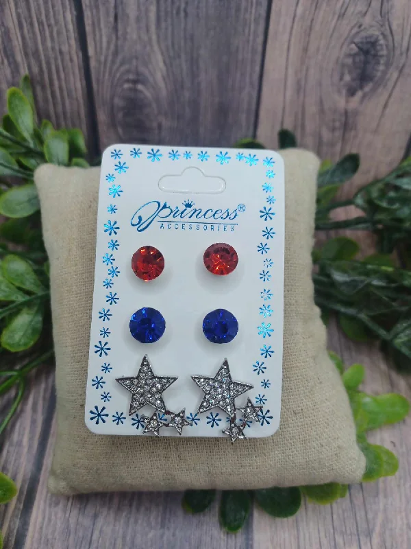 layered earrings for women -Red Rhinestone, Blue Rhinestone, & Silver Star Cluster Earrings Sets - Comes with 3 pairs