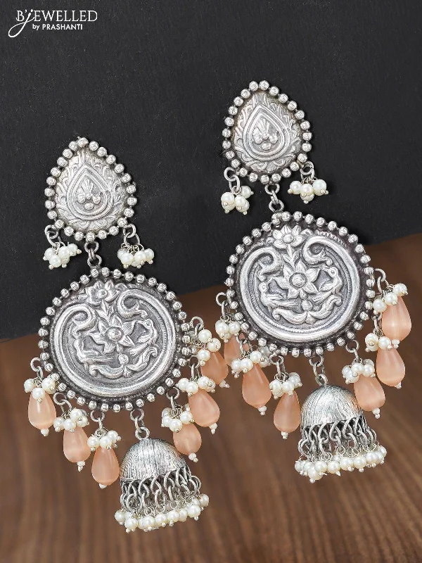 custom earrings for women -Oxidised floral design earring with peach monalisa beads hangings