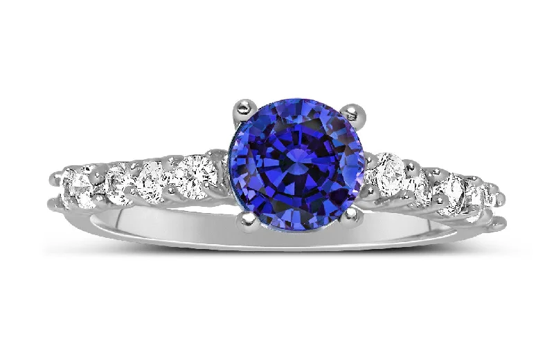 cubic zirconia engagement rings -1 Carat Vintage Round cut Blue Sapphire and Moissanite Diamond Engagement Ring in Gold