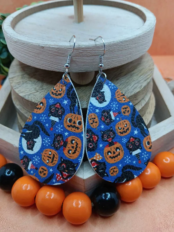 luxury crystal earrings for women -Spooky Halloween Leather Style Earrings w/ Jack O' Lanterns & Cats