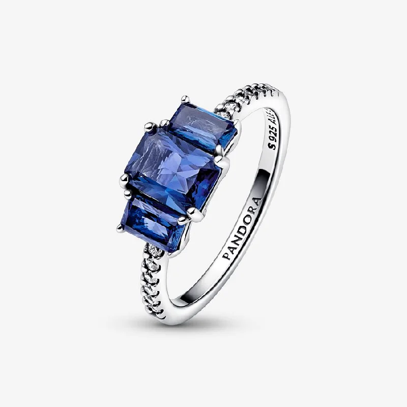 wedding set rings for women -Blue Rectangular Three Stone Sparkling Ring