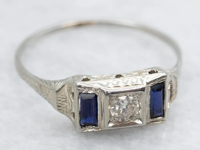 elegant diamond engagement rings -Retro Old Mine Cut Diamond and Synthetic Sapphire Engagement Ring