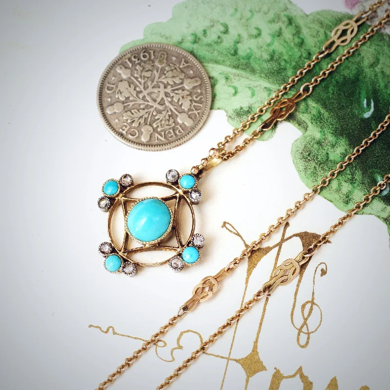 personalized birthstone necklaces for women -Antique Edwardian Turquoise & Diamond Pendant