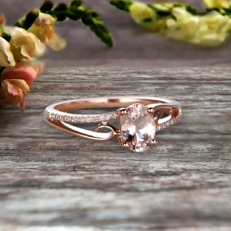 silver engagement rings for women -1.25 Carat Oval Cut Morganite Engagement Ring Wedding Ring On 10k Rose Gold Shining Split Shank