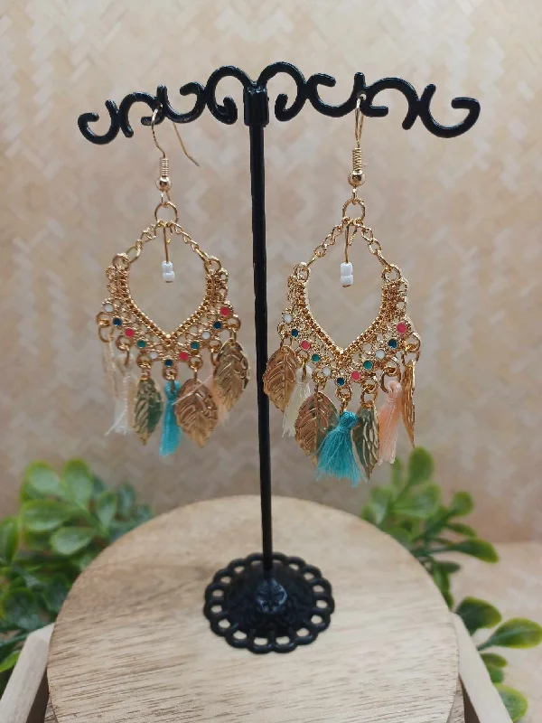 heart-shaped earrings for women -Gold Earrings w/ Cream & Turquoise Tassel Earrings