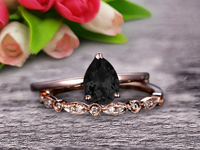 simple engagement rings for women -Black Diamond Moissanite Engagement Ring Set Handmade Solid 10k Rose gold 1.25 Carat Pear Shape Gemstone Promise Ring Bridal Ring set Wow Sparkling