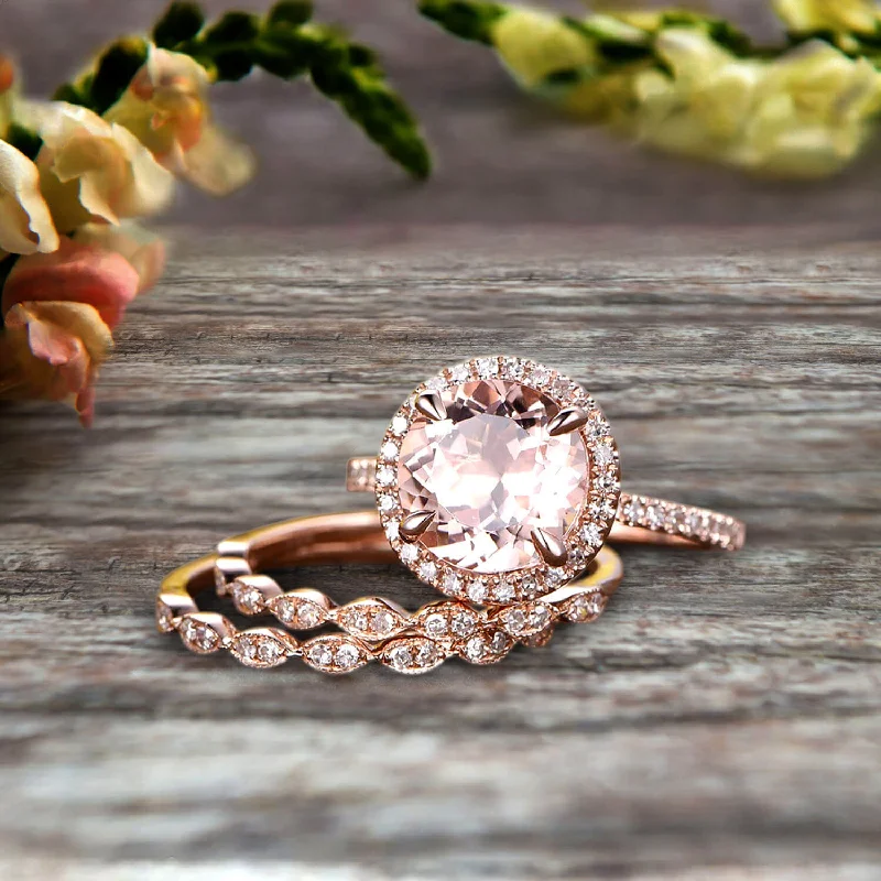 vintage engagement rings for women -14k Rose Gold 2 Carat Round Cut Morganite Trio Set Engagement Ring Halo Stacking Matching Band