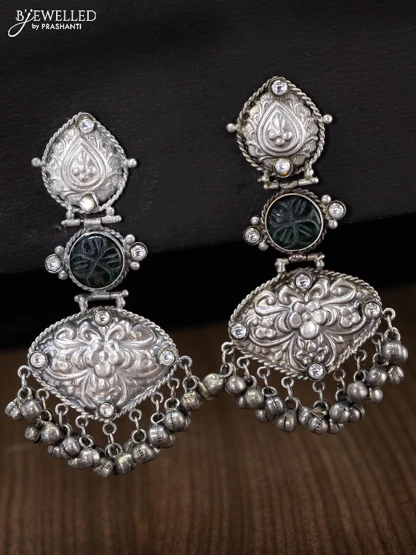 women’s bridal hoop earrings -Oxidised green stone earring with floral design and hangings