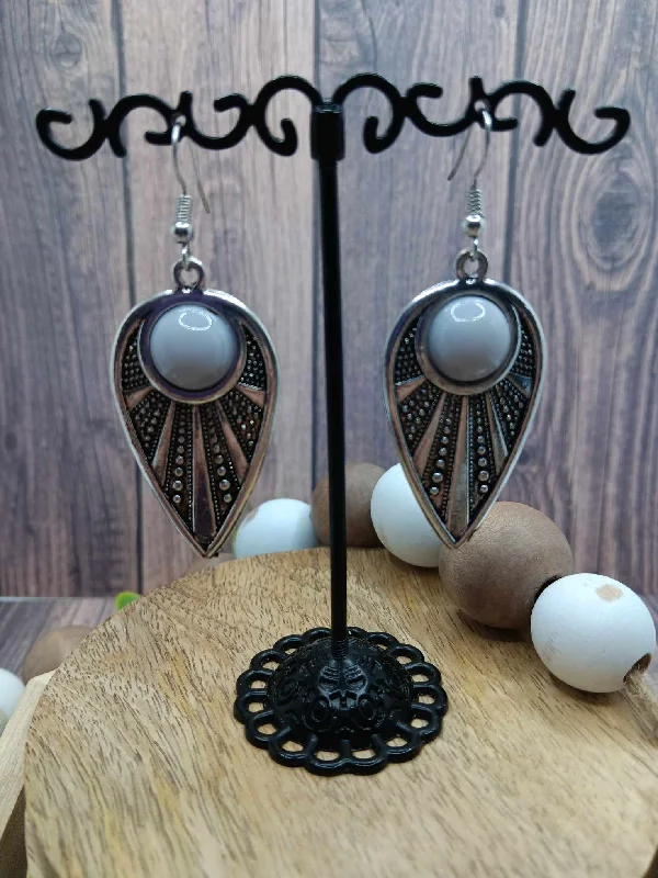 vintage earrings for women -Silver Aztec Style Earrings w/ Grey Beading