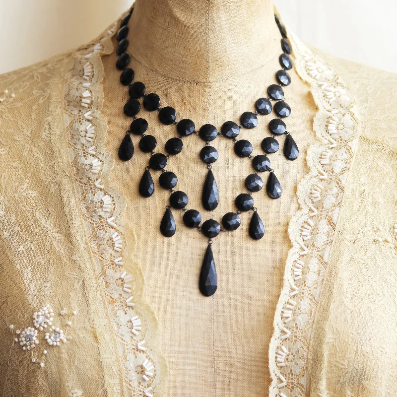 luxury gold necklaces for women -Antique Victorian Gothic! French Jet Bib Necklace