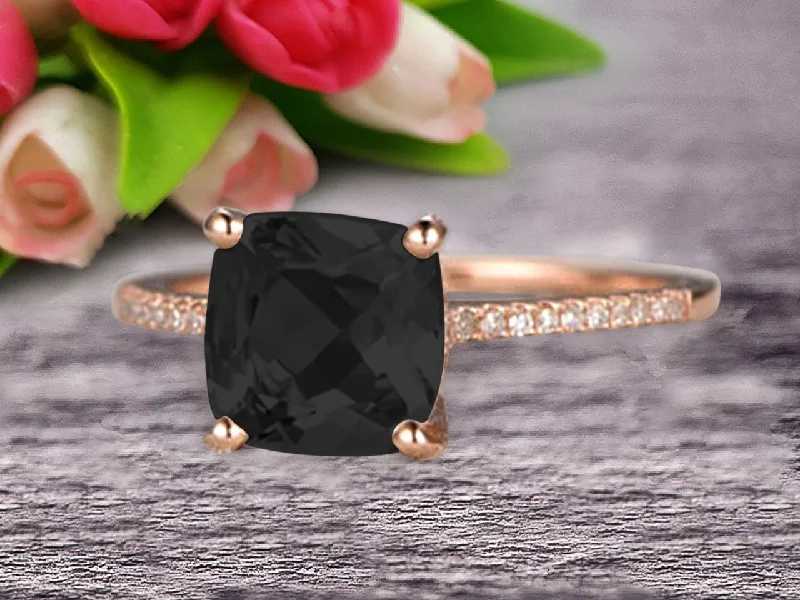 oval cut engagement rings for women -Cushion Cut 1.50 Carat Black Diamond Moissanite Engagement Ring Wedding Ring 10k Rose Gold Unique Basket Prongs