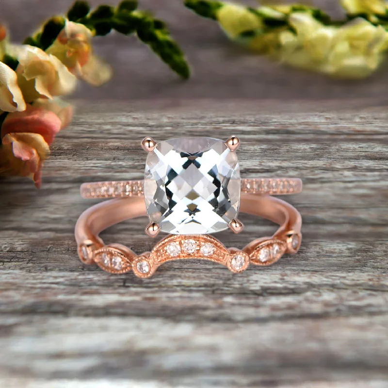 custom-designed engagement rings -1.75 Carat 2Pcs Aquamarine Wedding Ring Set Cushion Cut Aquamarine Engagement Ring On 10k Rose Gold Curved Art Deco Matching Wedding Band Personalized for Brides