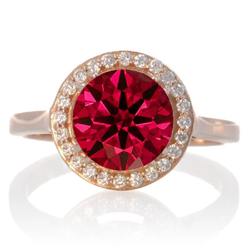 luxury engagement rings -1.25 Carat Round Halo Classic Moissanite Diamond and Ruby Engagement Ring on 10 Rose Gold