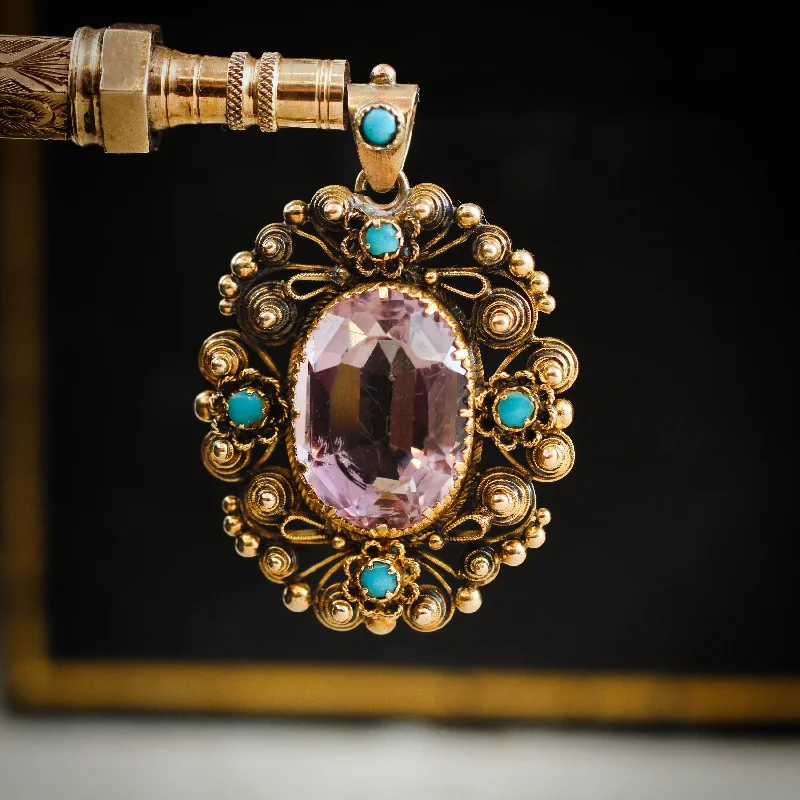 stacked necklaces for women -Antique Georgian Cannetille Amethyst & Turquoise Pendant