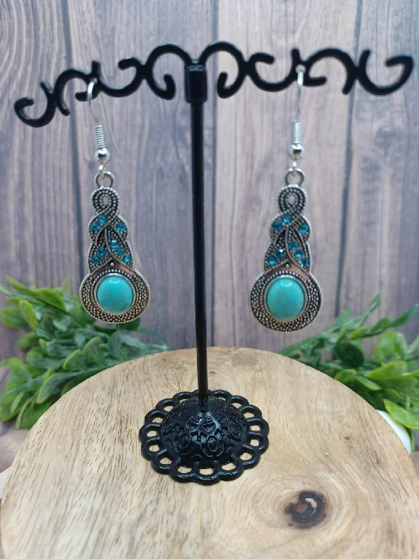 bohemian earrings for women -Antiqued Silver Earrings w/ Blue Rhinestones & Turquoise Crackle Stone