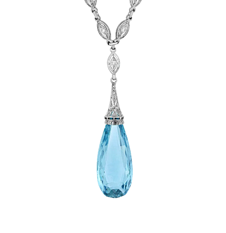 double chain necklaces for women -Art Deco Briolette Cut Aquamarine Pendant, 40.00 carats